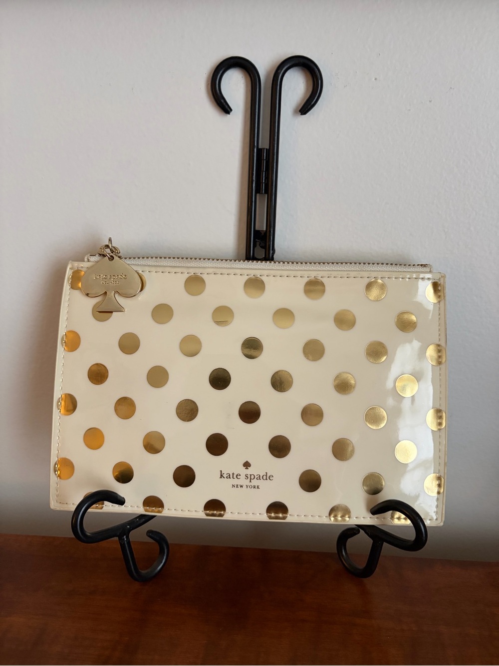 kate spade Cream Wristlet with Metallic Gold Polka Dots